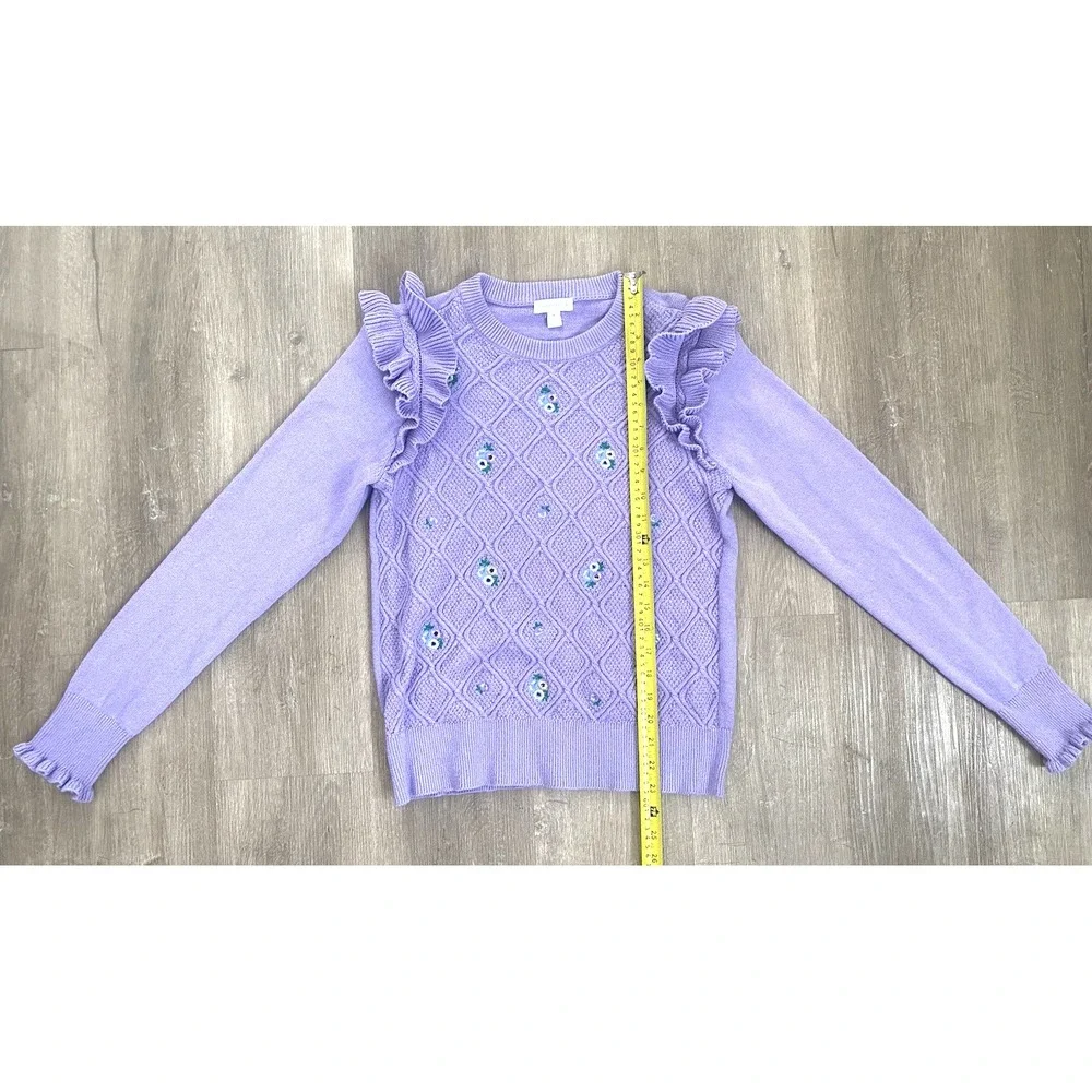 Lavender Fields Ruffle Floral Sweater Sz M Shirt Cottage Cozy Girly Soft Grandma
